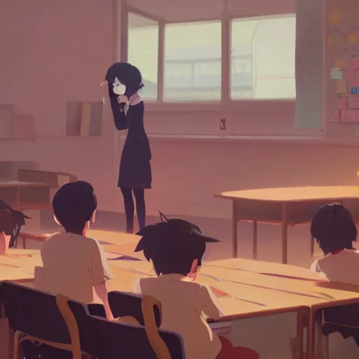 Prompt: passionate teacher teaching with passion in front of several pupils a classroom, detailed, cory loftis, james gilleard, atey ghailan, makoto shinkai, goro fujita, studio ghibli, rim light, exquisite lighting, clear focus, very coherent, plain background