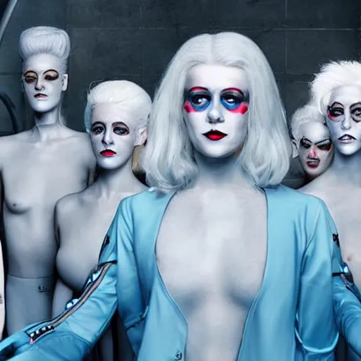 Image similar to troop of freak show women with white hair, white hair, tight light blue neopren suits, futuristic production facility, sci - fi, highly detailed, cinematic