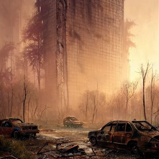 Image similar to wild forest!!! vegetation!!!, rubble!!, rusty cars!!, postapocalyptic city of munic!!, hyperrealistic, highly detailed, cinematic, foggy light from fires, beautiful, cgssociety, artstation, 8 k, oil painting by greg rutkowski, by artgerm, by wlop