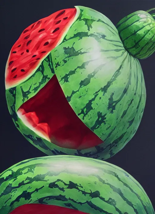 Prompt: semi realistic gouache painting, by bana benedick, by ruan jia, by eng kilian, by denning guy online artists, detailed anime 3 d render of a giant magic watermelon, a magical watermelon, cgsociety, artstation, rococo mechanical, digital reality, sf 5 ink style,