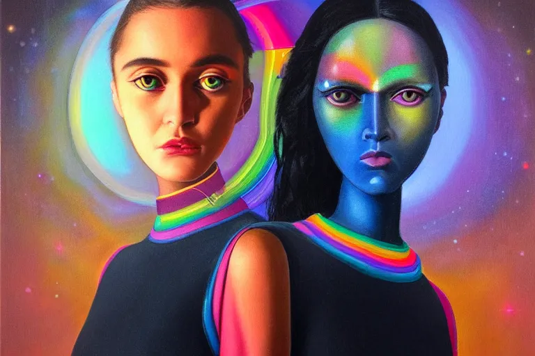 Image similar to patron saint of 🛸🌈👩🏾, futuristic clothing, neon god of city character portrait, in the style of margaret keane, moebius, tom bagshaw, and waterhouse, cinematic lighting, beautiful, elegant, oil painting,