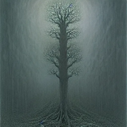 Image similar to Tree of sacral geometry in horror mist by Gustave Doré Greg Rutkowski zdzisław beksiński