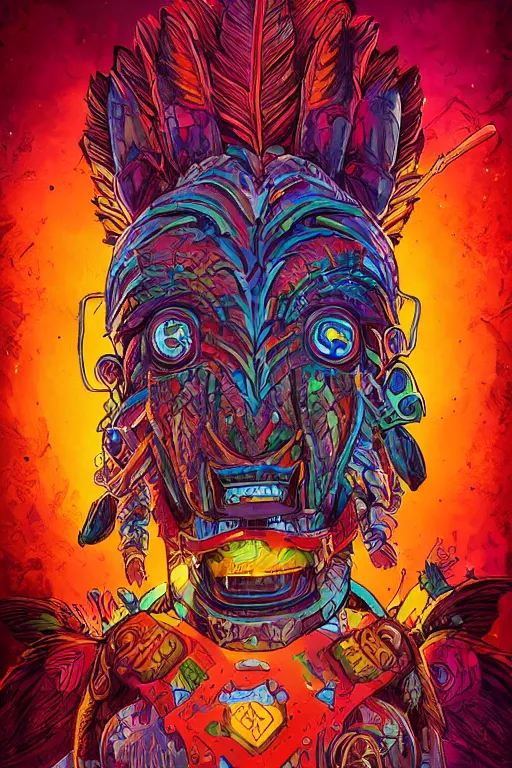 Image similar to totem animal tribal chaman vodoo mask feather gemstone plant wood rock video game illustration vivid color borderlands by josan gonzales and dan mumford radiating a glowing aura