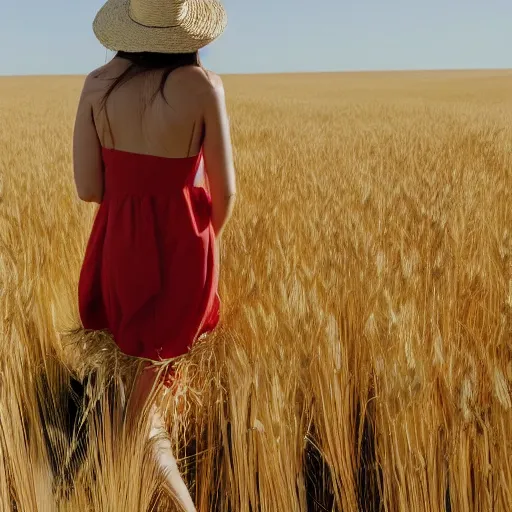 Image similar to a magazine photo of an attractive young woman wearing a sundress and straw hat, walking through a field of wheat, her hand grazing on the wheat as she walks by, glancing over her shoulder, shot from behind, three quarter portrait