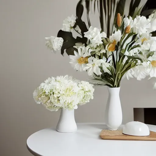 Prompt: luxurious white modern table with flower vase and iphone