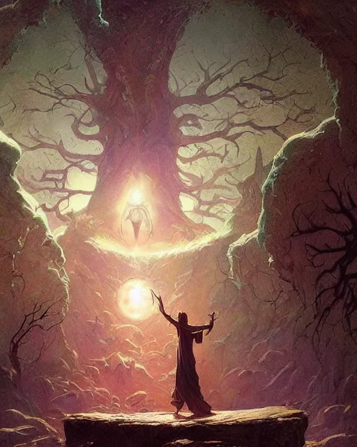 Image similar to a druid standing in a circle at the beginning of the world by greg rutkowski and frank frazetta and peter mohrbacher and william blake and dan mumford