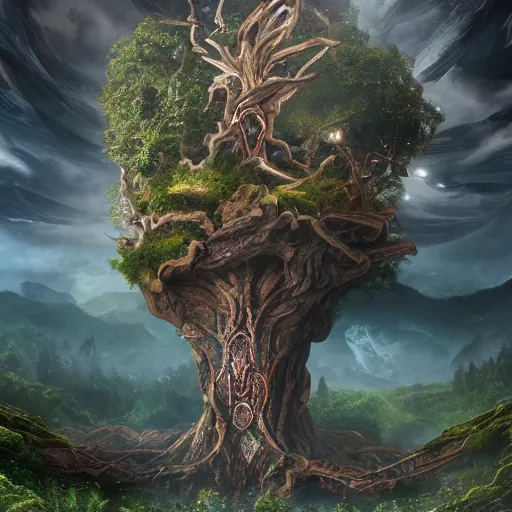 Prompt: a look at the nine realms of yggsdrasil, cinematic lighting, hyperrealistic, ultra detailed, featured on artstation, 8k hd artwork, cinematic