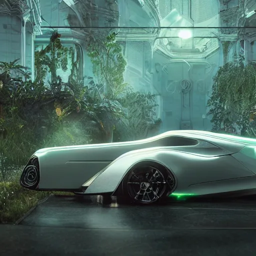 Image similar to a fancy alien sports car abandoned on magical biome, luminescent, neon, unreal render, unreal engine 5, octane render, enchanted plants, cinematic, intricate, ornate, photorealistic, ultra detailed, realistic, 1 0 0 mm, photography, octane, high definition, depth of field, bokeh, 8 k, behance, trending on artstation