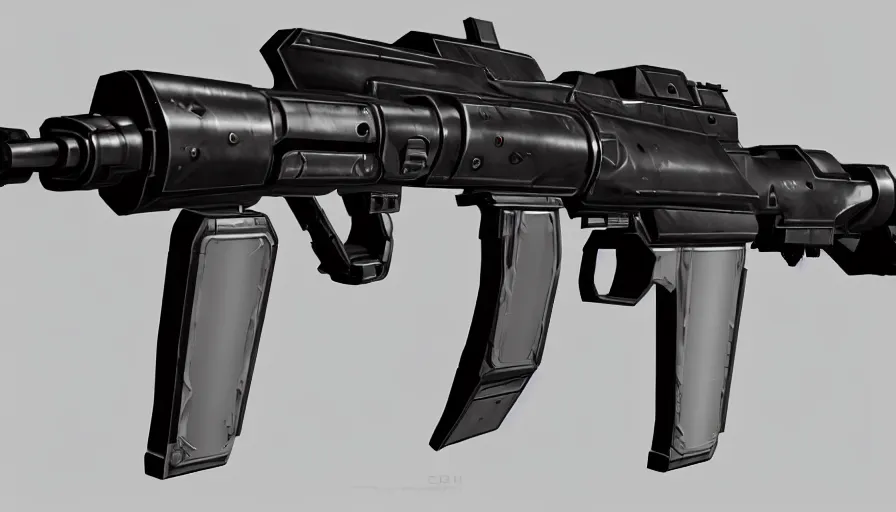 Image similar to extremely detailed realistic side view of a sci fi light machine gun, detailed trigger, chemically propelled, battery powered, smooth streamline, battery and wires, railgun, chemrail, gauss, elegant sleek smooth body, white paint, smooth utopian design, ultra high quality, minimalist, octane, cod, destiny, warframe, terminator