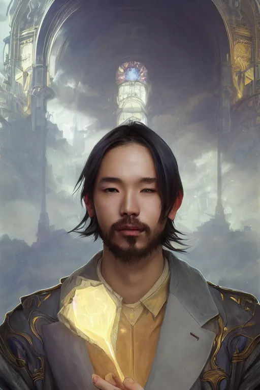 Image similar to portrait of a man with modern hairs, soft smile, final fantasy, league of legends champion, strong iridescent light, by chengwei pan and sakimichan and greg rutkowski and alphonse mucha, gradient white to gold, in front of a magical building background, highly detailed portrait, digital painting, smooth, focus illustration