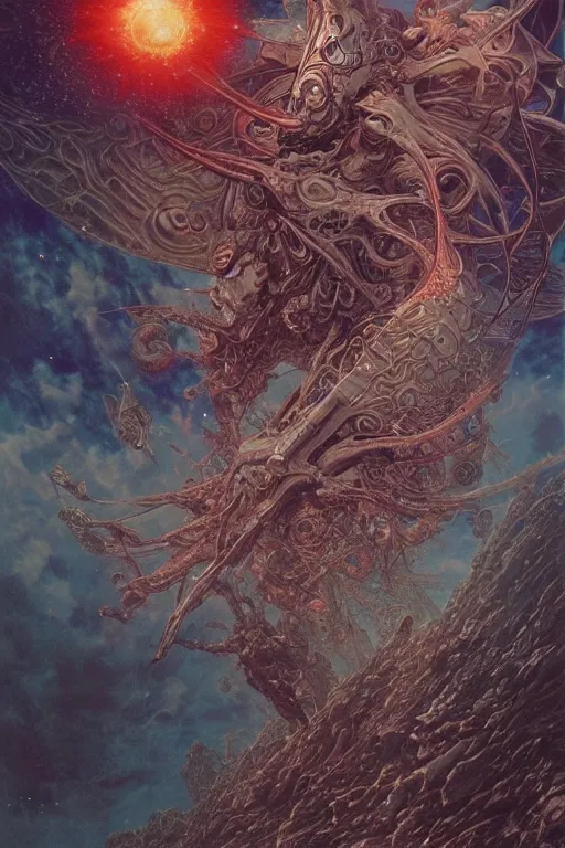 Image similar to now is the time to relaunch the dream weapon, by artgerm and yoshitaka amano and moebius and hr giger and zdislaw beksinski, hyperdetailed, surreal, dc comics, ornate, stunning, nebula, explosions in the sky, trending on artstation