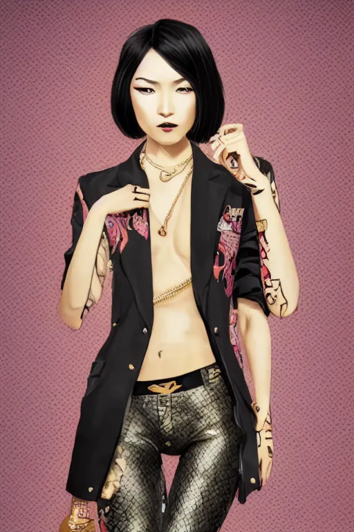 Image similar to yakuza slim girl, gold suit jacket in snake print, jacket over bare torso, yakuza tattoo Irezumi on body, black short curtain haircut, black leather pants with black belt, portrait, beautiful face, elegant, 2d, ultra highly detailed, digital painting, smooth, sharp focus, artstation, art by Ilya Kuvshinov, rossdraws