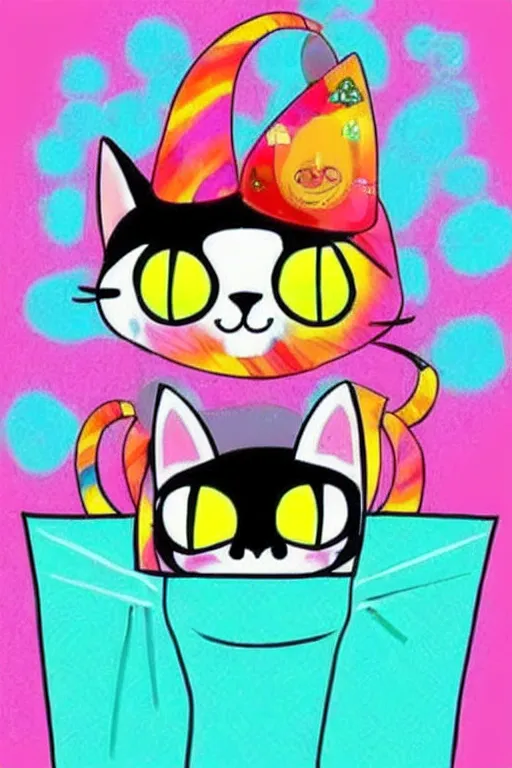 Image similar to i really love cat with paper bag on head + cute + adorable animation + lisa frank + kawaii