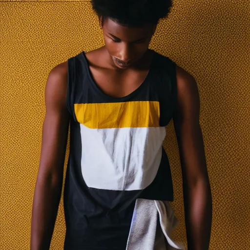 Prompt: black teenage boy with a long nose wearing a white tank top, walking in a nostalgic room with yellow walls and brown carpet