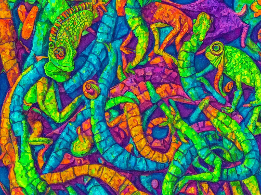 Prompt: chameleon, high detail, highly abstract, vivid colors, a little bit touch of M. C. Escher