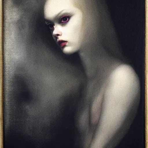 Prompt: a striking esoteric painting of Elle Fanning, dark, metal, black background, occult, by Henry Fuseli Repro