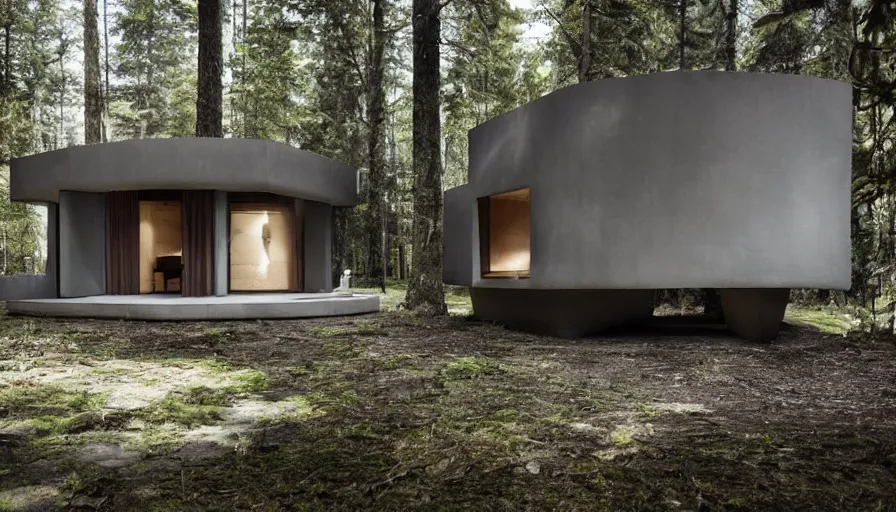 Image similar to A small modern cabin in the woods with rounded corners, made of cement, Designed by Rolls Royce, Gucci, Balenciaga, and Wes Anderson, being 3d printed by a large scale robotic arm