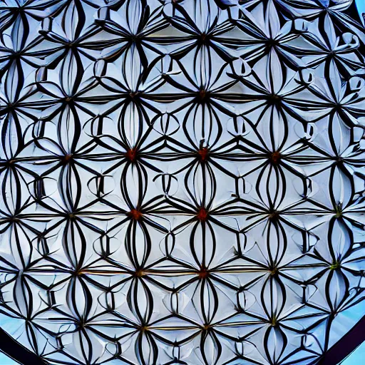 Image similar to wide angle photograph, flower of life sacred geometry covering the sky above a modern city, 4 k