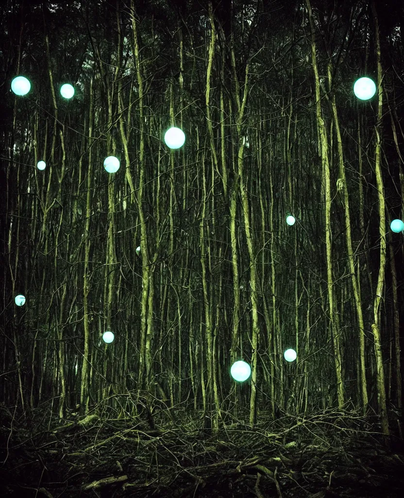 Prompt: “ dense dead forest with glowing orbs ”