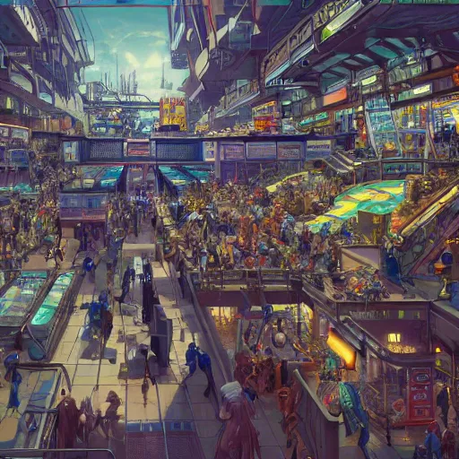 Prompt: highly detailed crowded used future shopping mall, robots humans and extraterrestrials, on a crowded space station, jim henson creature shop, 1 9 8 0 s science fiction, 1 9 7 0 s science fiction, alien 1 9 7 9, cyberpunk, 3 d oil painting, depth perception, 4 k, artstation