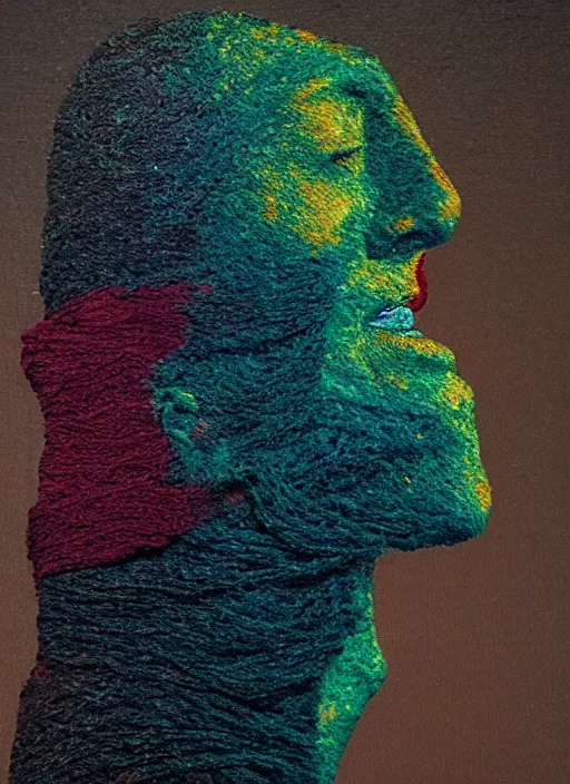 Image similar to a woman's face in profile, made of strands of coloured yarn, in the style of the Dutch masters and Gregory Crewdson, dark and moody