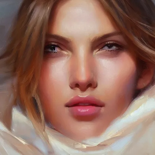 Prompt: extreme close - up of a beautiful woman's face, morning, highly detailed, ultrarealistic oil painting, vladimir volegov, artstation