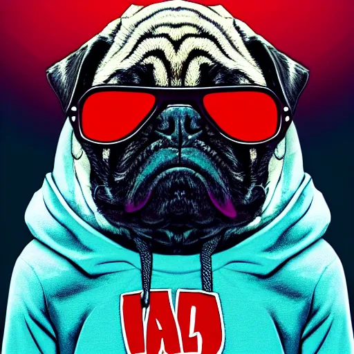Prompt: a sad pug wearing a hoodie with the word'sad'typed on it in upper case letters, digital art, synthwave style, trending on artstation, matte painting