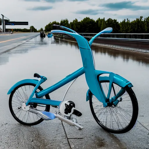 Prompt: aqua bike in the middle of an airport runway, canon eos r 3, iso 2 0 0, 1 / 1 6 0 s, 8 k, raw, unedited, symmetrical balance, in - frame