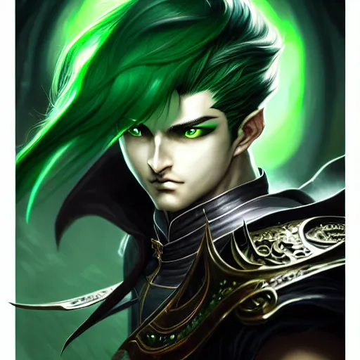 Image similar to a man with dark green hair, green glowing eyes what look like a clock, high detail clothing, fantasy, elegant, highly detailed, digital painting, artstation, concept art, smooth, sharp focus, illustration, artbook, dynamic pose, splash art, promo art, soul calibur, art by artgerm and greg rutkowski and bo chen and jin xiaodi