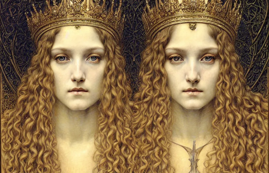 Image similar to detailed realistic beautiful young medieval queen face portrait by jean delville, gustave dore and marco mazzoni, art nouveau, symbolist, visionary, gothic, pre - raphaelite. horizontal symmetry