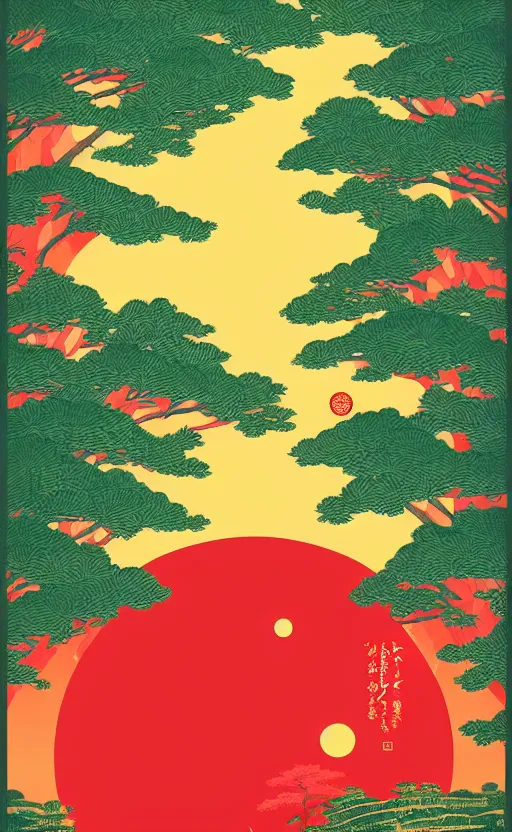 Prompt: hanafuda, a big red charm is floating above a forest of japanese pines, a big red sun in the background, original style, front game card, vector line art, trending on behance, concept art, stunning, matte