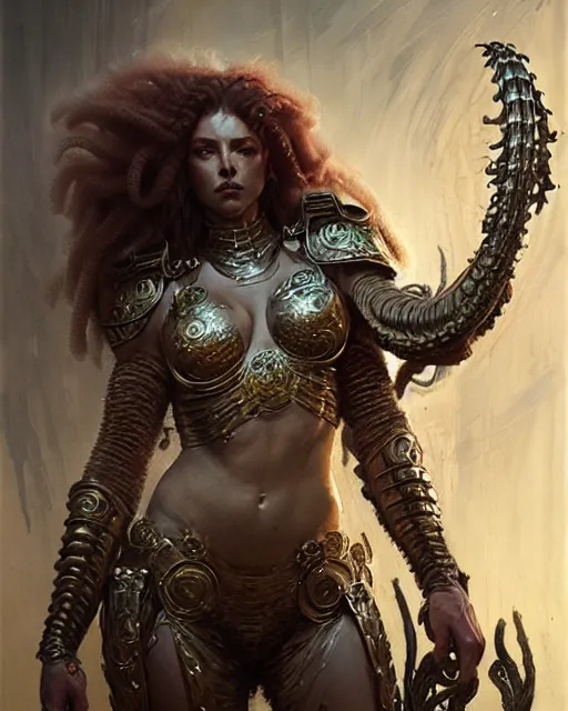 Image similar to fierce beautiful medusa in full body armor, fantasy character portrait, ultra realistic, concept art, intricate details, highly detailed by greg rutkowski, gaston bussiere, craig mullins, simon bisley