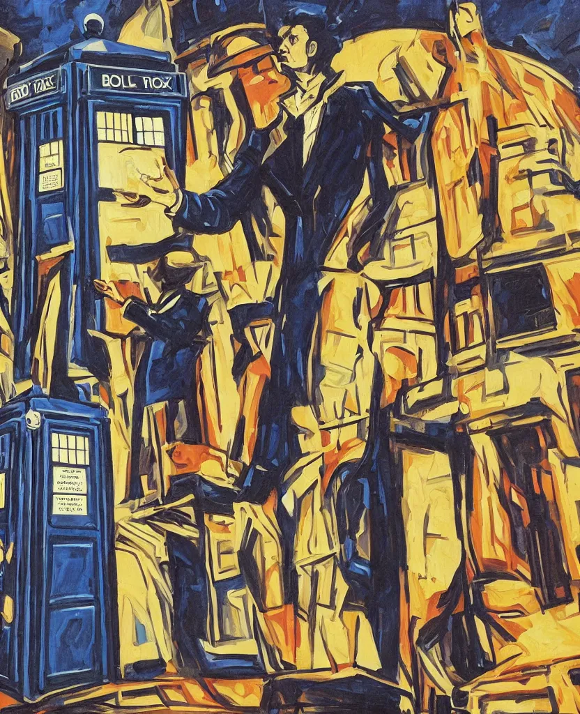 Image similar to the doctor and the TARDIS in an art deco painting style