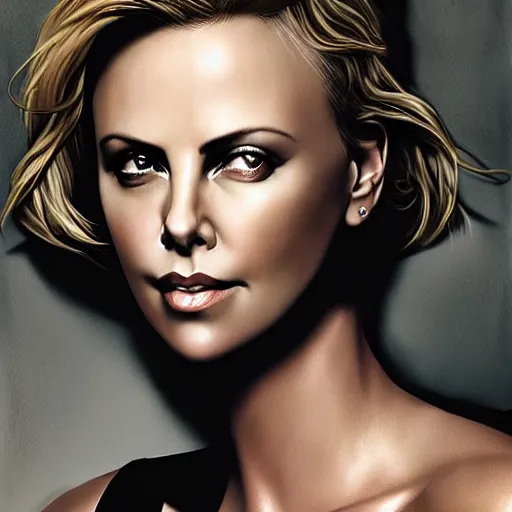 Prompt: charlize theron by raymond swanland