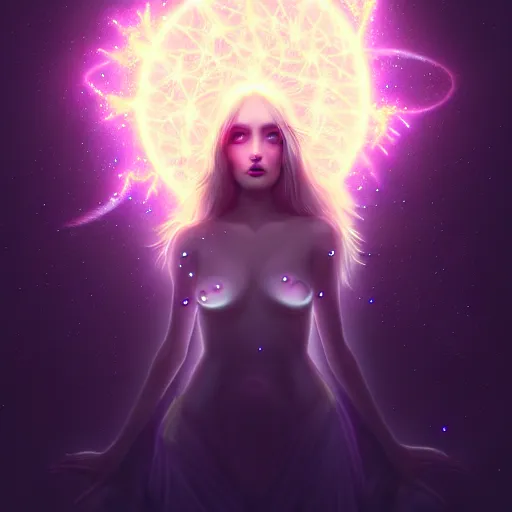 Image similar to mystical female creature with glowing energies and particals, surrounded by spirits, gloomy cinematic lighting, highly detailed, illustrated novel