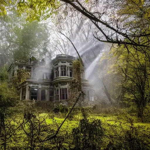 Prompt: abandoned victorian mansion, cobwebs, haunted, nestled into a clearing in a forest, light shining through the foliage