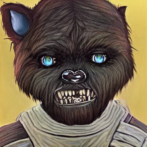 Prompt: a very high detailed painting of teek of the ewoks strar wars, small furry white creatures with pointed ears and glowing black eyes. Also, they had big teeth They like everything shiny and will do anything to get it