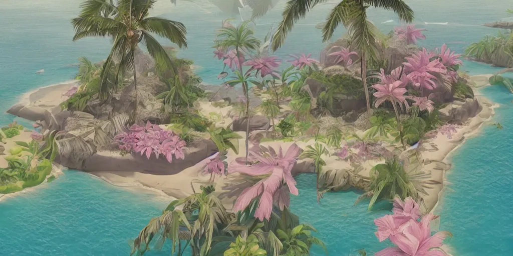 Image similar to tropical island, 8 k, high resolution, detailed drawing, beautiful hd, art nouveau, concept art, pastel soft colors, in the style of danny mcbride, knyazev konstantin