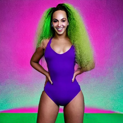 Image similar to Singer Beyoncé with green skin and dark green hair, wearing a white leotard with two purple vertical stripes, green skinned, wearing purple and white fingerless gloves, wearing purple and white sneakers, mini skirt, smiling, detailed legs, hyperreal, surreal, bokeh, tilt shift photography, green arms, green legs, green face,