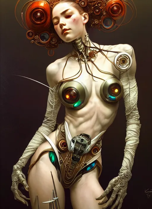 Image similar to organic cyborg, geisha, diffuse lighting, fantasy, intricate, elegant, highly detailed, lifelike, photorealistic, digital painting, artstation, illustration, concept art, smooth, sharp focus, art by John Collier and Albert Aublet and Krenz Cushart and Artem Demura and Alphonse Mucha