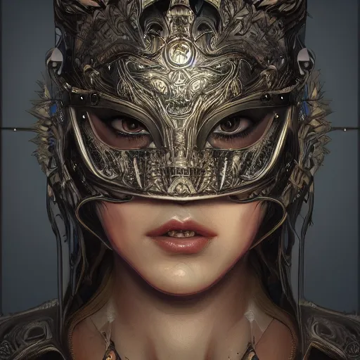 Prompt: Very highly detailed epic photo of face with venetian mask, intricate, dystopian, sci-fi, extremely detailed, digital painting, artstation, concept art, smooth, sharp focus, illustration, intimidating lighting, incredible art by Artgerm, ultra details, 8k