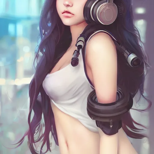 Image similar to beautiful full portrait of a girl, brunette curvy long hair, full - body shot, wearing cyberpunk headphones, streetwear, like a fashion model + high detailed, resolution beautifully detailed landscape 8 k, cinematic, 8 k, by bukurote + krenz cushart + ryota - h + wlop