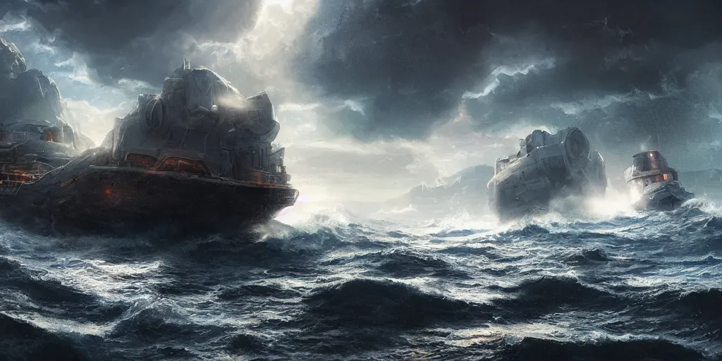 Image similar to scifi barge in turbulent waters in rocky coast, hyper realistic, highly detailed, digital art, apocalyptic, intimidating lighting, raytracing, sharp focus, smooth, romanticism