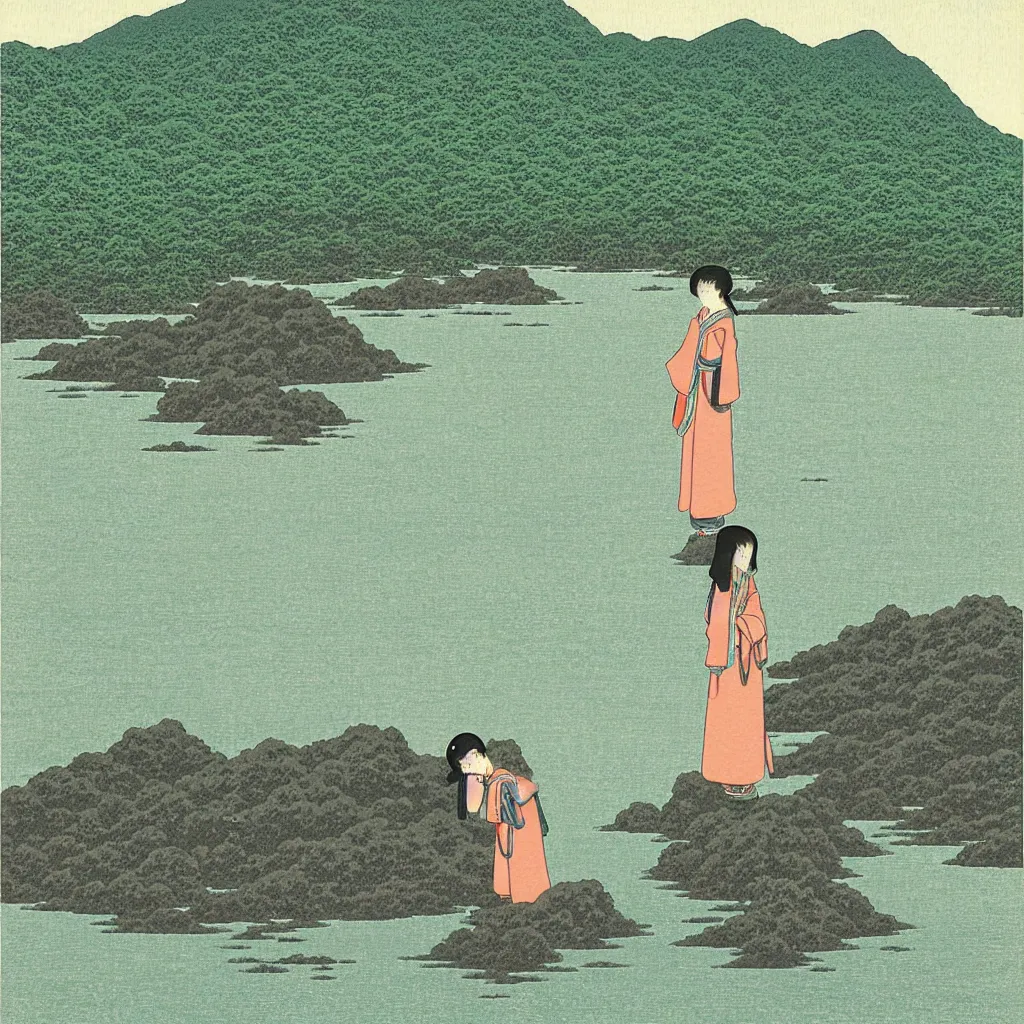 Prompt: a lonely girl by kawase hasui.