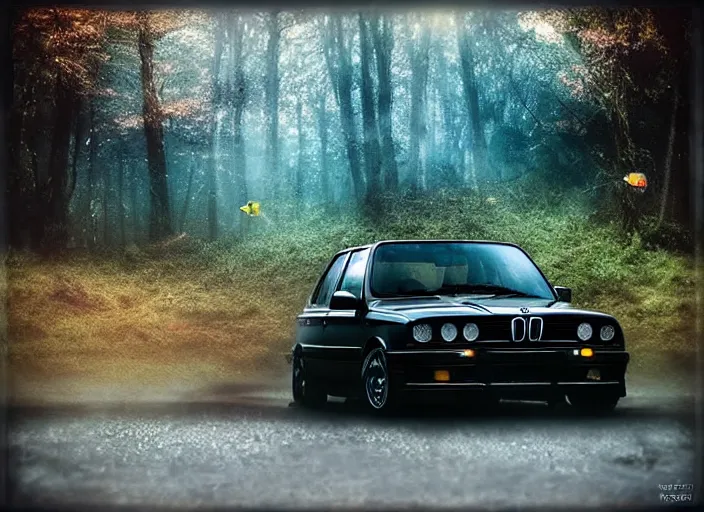 Image similar to “Illuminati in the mist of the forest, matter painting, mystical” !dream “BMW e30 driving through an underwater city, photo taken from a long shot, matter painting, iridescent small fish” H 896