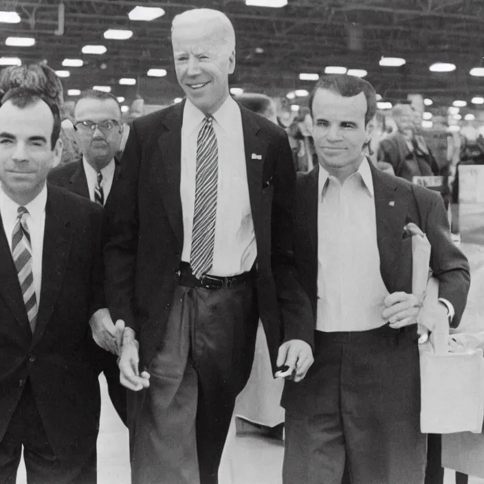 Prompt: Joe Biden walking with Lee Harvey Oswald in Walmart, detailed photograph