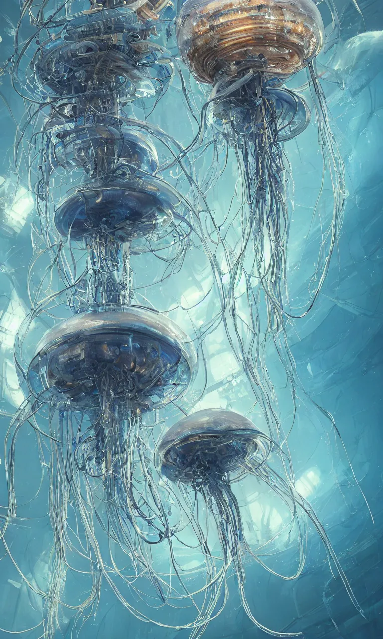 Prompt: Panorama hyper detailed painting of a cyberpunk jellyfish, cables everywhere, blue tones, underwater, 8 mm, highly detailed, digital painting, artstation, concept art, smooth, sharp focus, illustration, art by artgerm and greg rutkowski and alphonse mucha