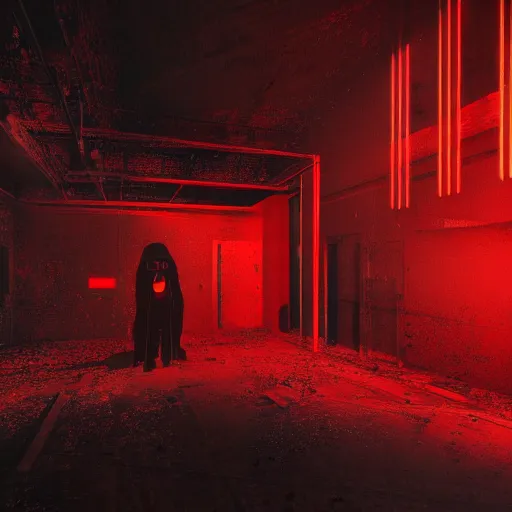 Image similar to cctv of an extremely dark empty abandoned building with glowing humanoid cryptid made out of television static, dark deep black shadows, red and black color contrast in the style of trevor henderson, liminal space, 3 d octane render, glitch effect