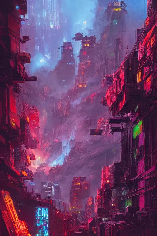 Image similar to a cyberpunk city in the crater of a volcano, lava flowing, smoke, fire, neon, clubs, industrial, by paul lehr, jesper ejsing