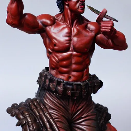 Image similar to museum stallone rambo portrait statue monument made from porcelain brush face hand painted with iron red dragons full - length very very detailed intricate symmetrical well proportioned balanced